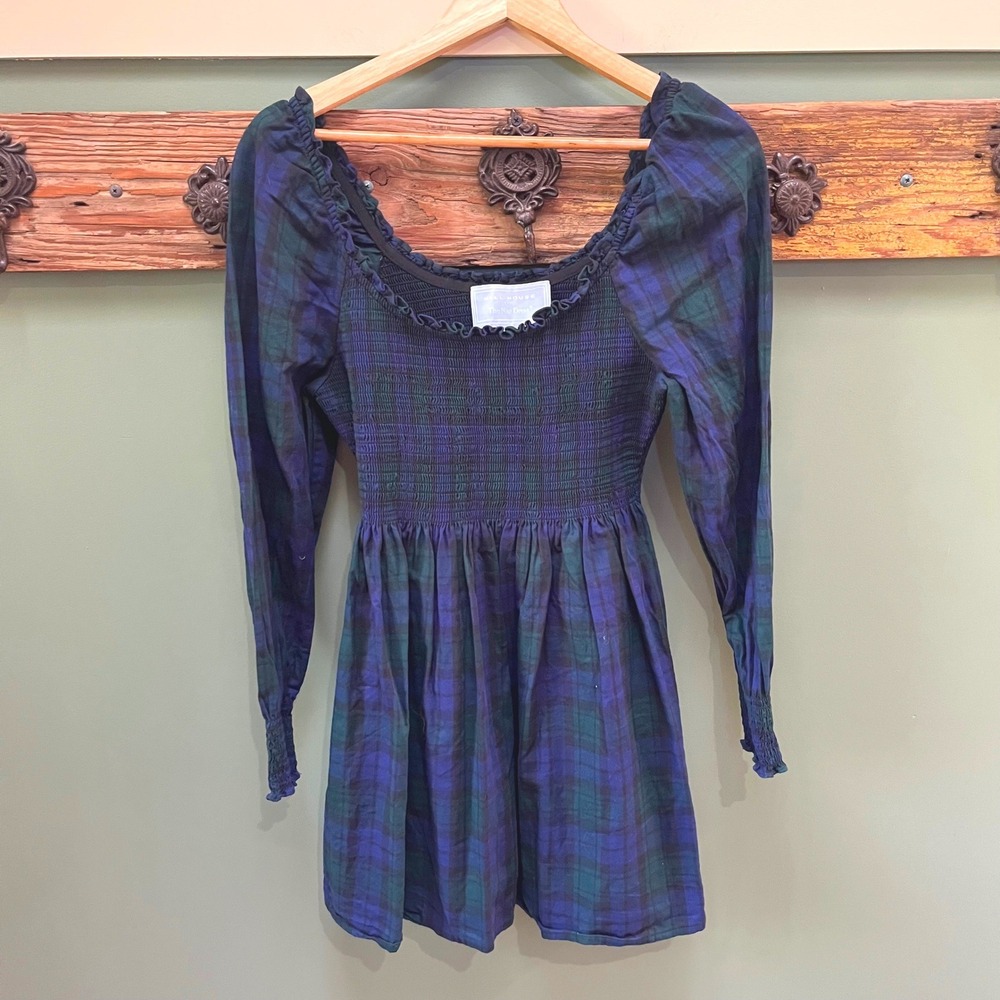 Hill House Home Anjuli Nap Dress Black Watch Tartan Plaid Mini Smocked Medium